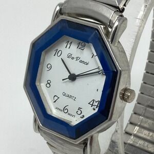 Vtg DaVinci Watch Women Silver Tone Faceted Blue Bezel Stretch New Battery 7.25"